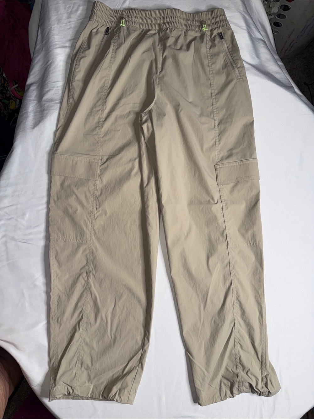 Athleta Beige Track Cargo Joggers with Lime Accent
